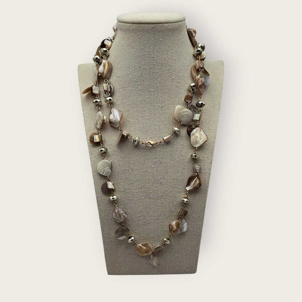 Mother of Pearl, Shell and Gold Beaded Long Layering Necklace - Coastal Romance